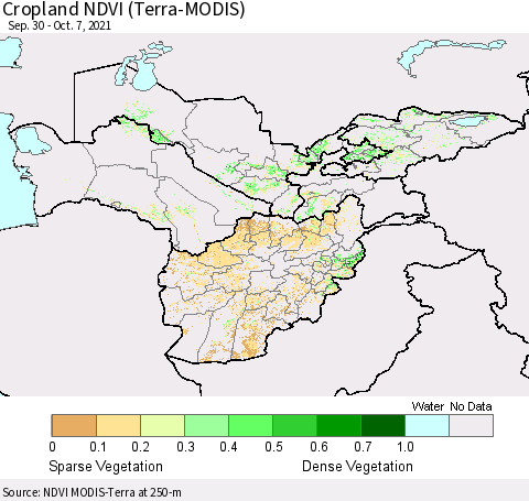 Central Asia Cropland NDVI (Terra-MODIS) Thematic Map For 9/30/2021 - 10/7/2021