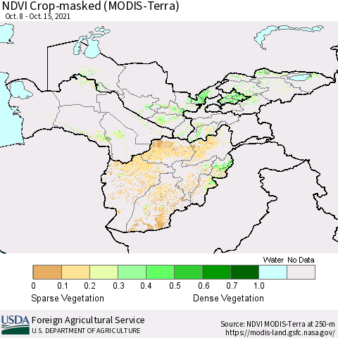 Central Asia Cropland NDVI (Terra-MODIS) Thematic Map For 10/11/2021 - 10/20/2021