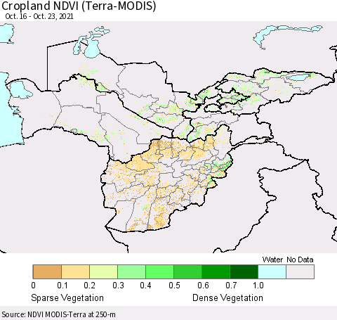 Central Asia Cropland NDVI (Terra-MODIS) Thematic Map For 10/16/2021 - 10/23/2021