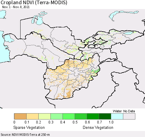 Central Asia Cropland NDVI (Terra-MODIS) Thematic Map For 11/1/2021 - 11/8/2021
