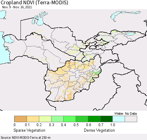 Central Asia Cropland NDVI (Terra-MODIS) Thematic Map For 11/9/2021 - 11/16/2021