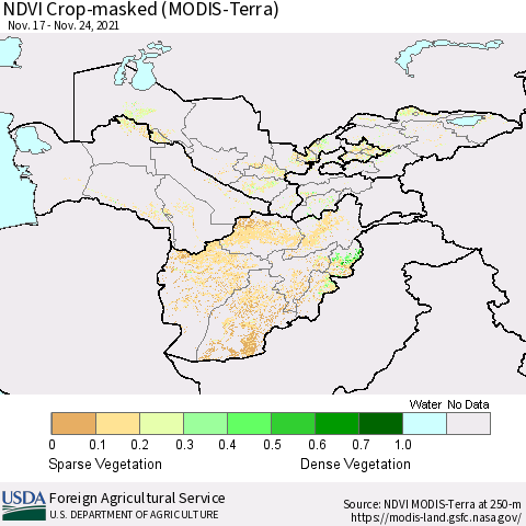 Central Asia Cropland NDVI (Terra-MODIS) Thematic Map For 11/21/2021 - 11/30/2021