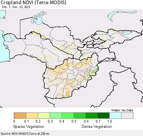 Central Asia Cropland NDVI (Terra-MODIS) Thematic Map For 12/1/2021 - 12/10/2021
