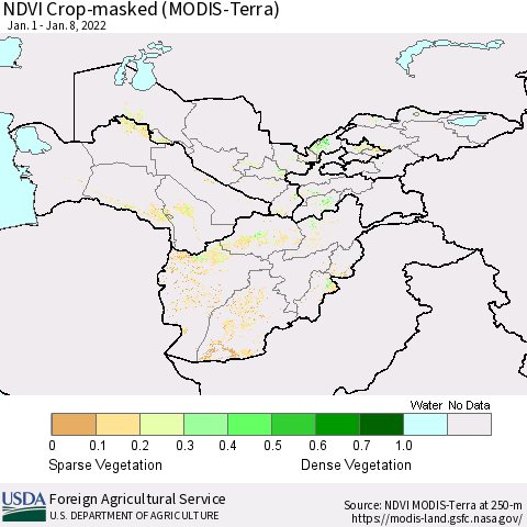 Central Asia Cropland NDVI (Terra-MODIS) Thematic Map For 1/1/2022 - 1/10/2022