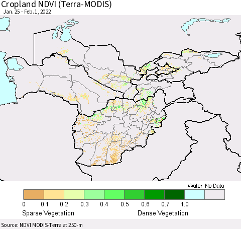 Central Asia Cropland NDVI (Terra-MODIS) Thematic Map For 1/25/2022 - 2/1/2022