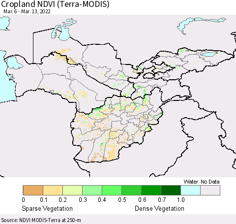 Central Asia Cropland NDVI (Terra-MODIS) Thematic Map For 3/6/2022 - 3/13/2022