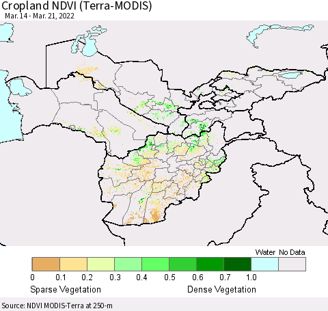 Central Asia Cropland NDVI (Terra-MODIS) Thematic Map For 3/14/2022 - 3/21/2022