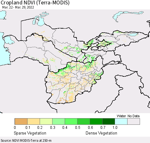 Central Asia Cropland NDVI (Terra-MODIS) Thematic Map For 3/22/2022 - 3/29/2022