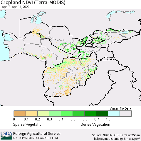 Central Asia Cropland NDVI (Terra-MODIS) Thematic Map For 4/11/2022 - 4/20/2022