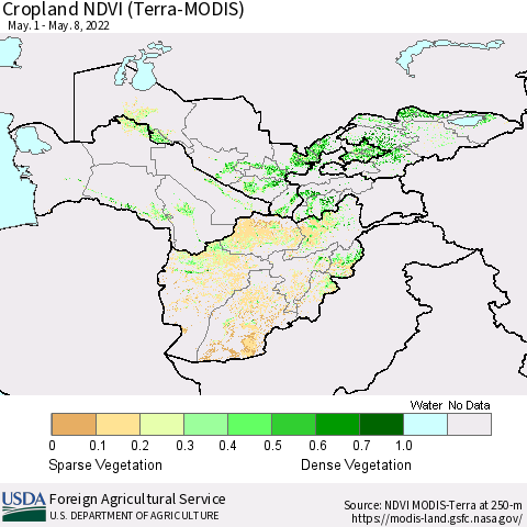 Central Asia Cropland NDVI (Terra-MODIS) Thematic Map For 5/1/2022 - 5/10/2022