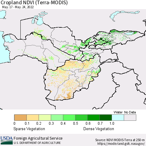 Central Asia Cropland NDVI (Terra-MODIS) Thematic Map For 5/21/2022 - 5/31/2022