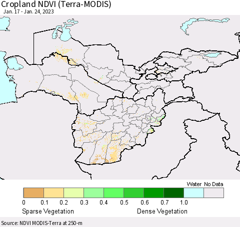 Central Asia Cropland NDVI (Terra-MODIS) Thematic Map For 1/17/2023 - 1/24/2023
