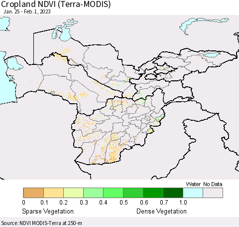 Central Asia Cropland NDVI (Terra-MODIS) Thematic Map For 1/25/2023 - 2/1/2023