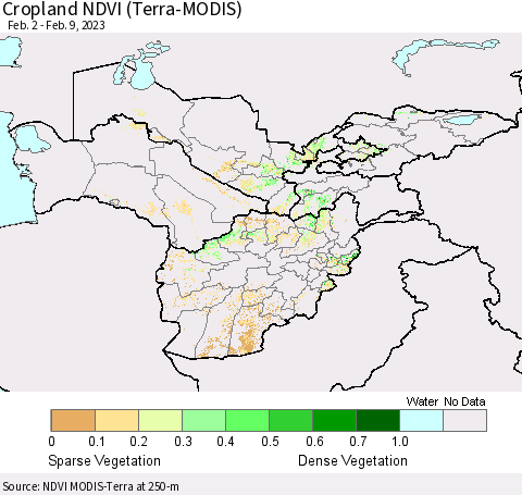 Central Asia Cropland NDVI (Terra-MODIS) Thematic Map For 2/2/2023 - 2/9/2023