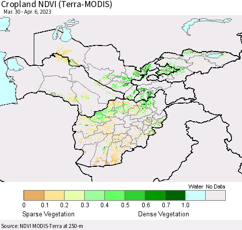 Central Asia Cropland NDVI (Terra-MODIS) Thematic Map For 3/30/2023 - 4/6/2023