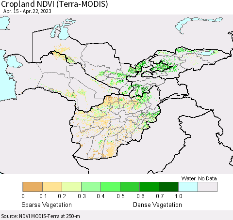 Central Asia Cropland NDVI (Terra-MODIS) Thematic Map For 4/15/2023 - 4/22/2023