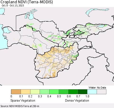 Central Asia Cropland NDVI (Terra-MODIS) Thematic Map For 10/8/2023 - 10/15/2023