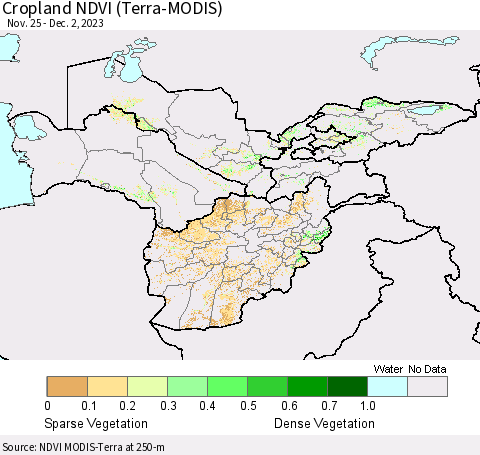Central Asia Cropland NDVI (Terra-MODIS) Thematic Map For 11/25/2023 - 12/2/2023