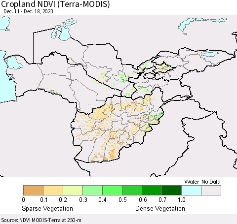 Central Asia Cropland NDVI (Terra-MODIS) Thematic Map For 12/11/2023 - 12/18/2023