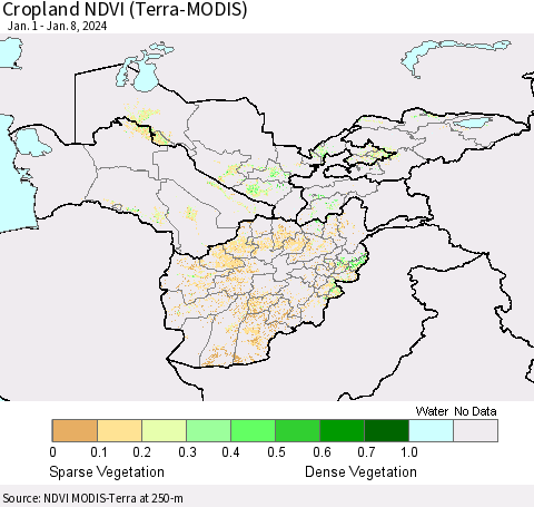 Central Asia Cropland NDVI (Terra-MODIS) Thematic Map For 1/1/2024 - 1/8/2024