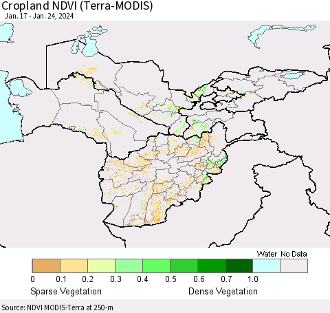 Central Asia Cropland NDVI (Terra-MODIS) Thematic Map For 1/17/2024 - 1/24/2024