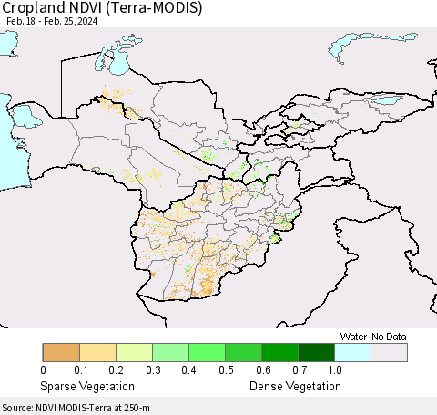 Central Asia Cropland NDVI (Terra-MODIS) Thematic Map For 2/18/2024 - 2/25/2024