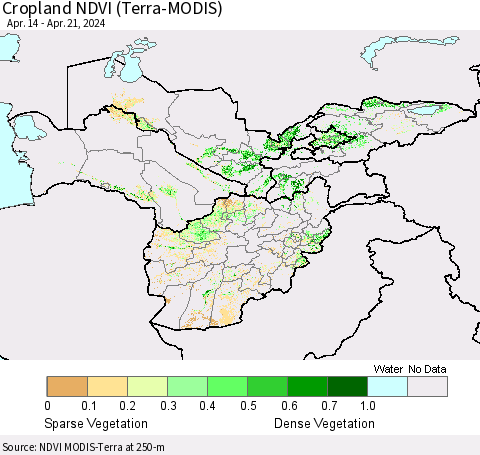 Central Asia Cropland NDVI (Terra-MODIS) Thematic Map For 4/14/2024 - 4/21/2024