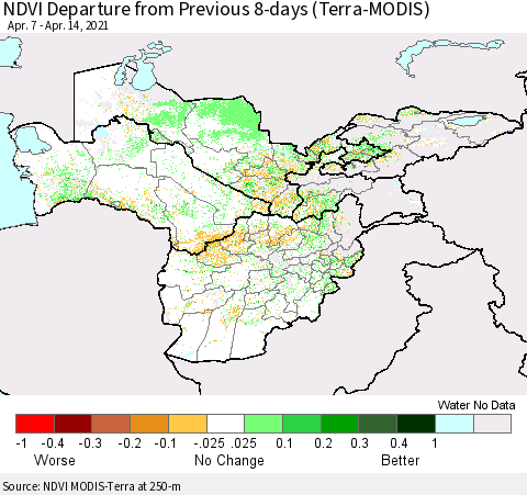 Central Asia NDVI Departure from Previous 8-days (Terra-MODIS) Thematic Map For 4/7/2021 - 4/14/2021