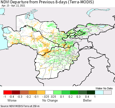 Central Asia NDVI Departure from Previous 8-days (Terra-MODIS) Thematic Map For 4/15/2021 - 4/22/2021