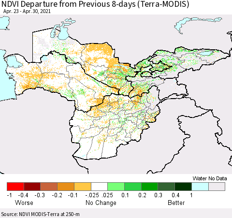 Central Asia NDVI Departure from Previous 8-days (Terra-MODIS) Thematic Map For 4/23/2021 - 4/30/2021