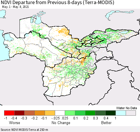 Central Asia NDVI Departure from Previous 8-days (Terra-MODIS) Thematic Map For 5/1/2021 - 5/8/2021