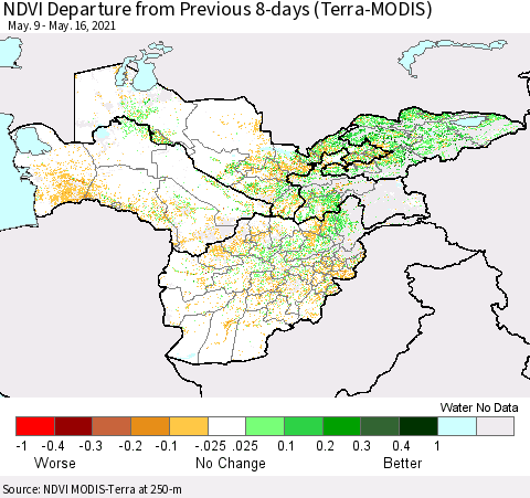 Central Asia NDVI Departure from Previous 8-days (Terra-MODIS) Thematic Map For 5/9/2021 - 5/16/2021