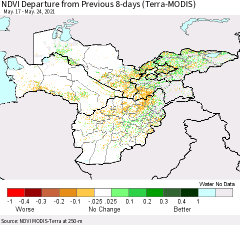 Central Asia NDVI Departure from Previous 8-days (Terra-MODIS) Thematic Map For 5/17/2021 - 5/24/2021