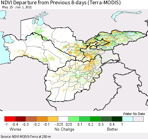 Central Asia NDVI Departure from Previous 8-days (Terra-MODIS) Thematic Map For 5/25/2021 - 6/1/2021