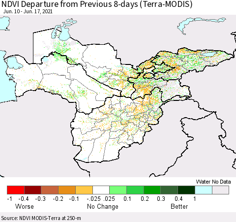 Central Asia NDVI Departure from Previous 8-days (Terra-MODIS) Thematic Map For 6/10/2021 - 6/17/2021