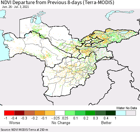 Central Asia NDVI Departure from Previous 8-days (Terra-MODIS) Thematic Map For 6/26/2021 - 7/3/2021