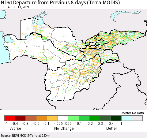 Central Asia NDVI Departure from Previous 8-days (Terra-MODIS) Thematic Map For 7/4/2021 - 7/11/2021
