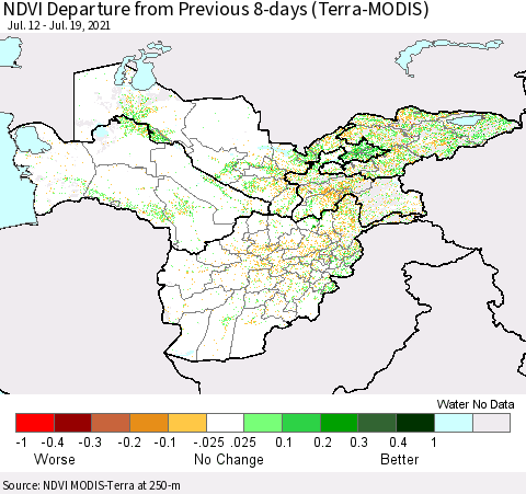 Central Asia NDVI Departure from Previous 8-days (Terra-MODIS) Thematic Map For 7/12/2021 - 7/19/2021