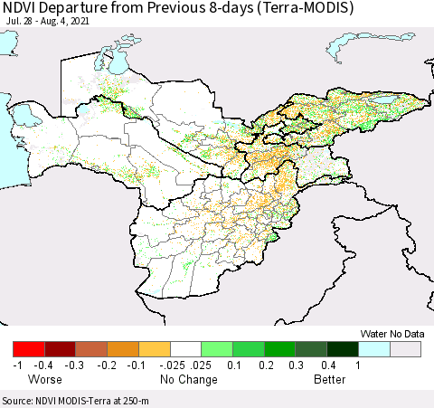Central Asia NDVI Departure from Previous 8-days (Terra-MODIS) Thematic Map For 7/28/2021 - 8/4/2021