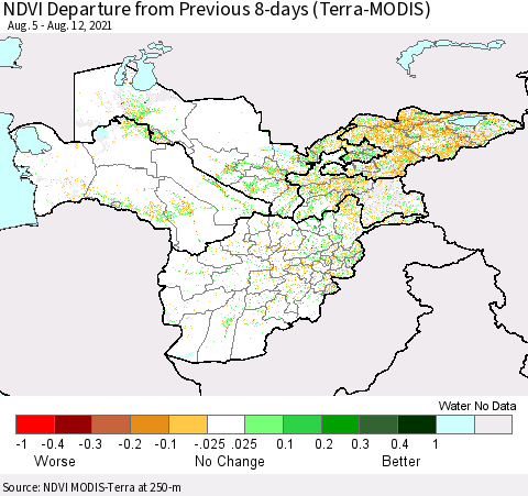 Central Asia NDVI Departure from Previous 8-days (Terra-MODIS) Thematic Map For 8/5/2021 - 8/12/2021