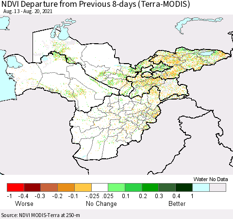 Central Asia NDVI Departure from Previous 8-days (Terra-MODIS) Thematic Map For 8/13/2021 - 8/20/2021