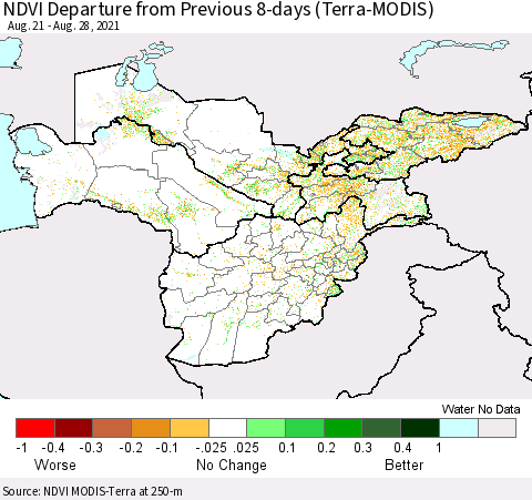 Central Asia NDVI Departure from Previous 8-days (Terra-MODIS) Thematic Map For 8/21/2021 - 8/28/2021