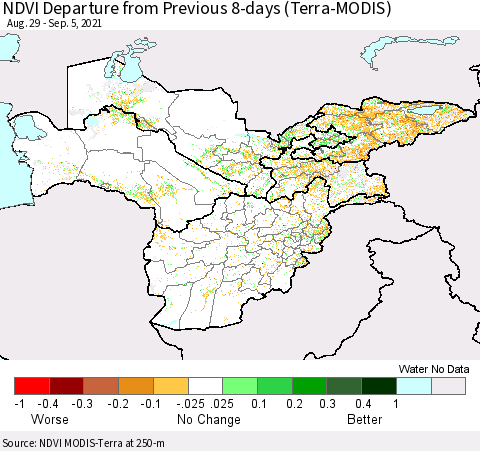 Central Asia NDVI Departure from Previous 8-days (Terra-MODIS) Thematic Map For 8/29/2021 - 9/5/2021