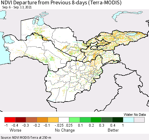 Central Asia NDVI Departure from Previous 8-days (Terra-MODIS) Thematic Map For 9/6/2021 - 9/13/2021