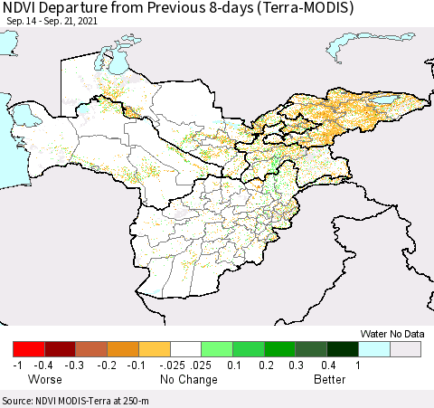 Central Asia NDVI Departure from Previous 8-days (Terra-MODIS) Thematic Map For 9/14/2021 - 9/21/2021