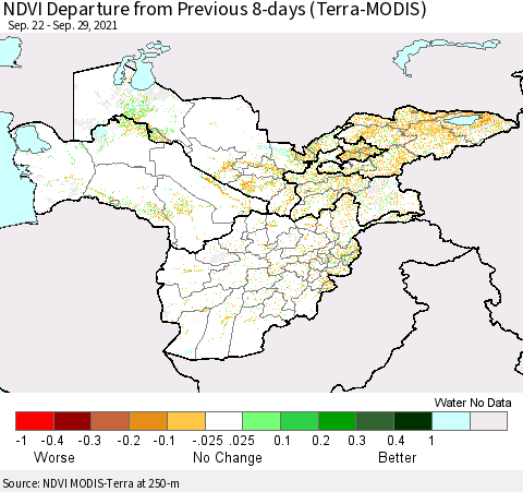 Central Asia NDVI Departure from Previous 8-days (Terra-MODIS) Thematic Map For 9/22/2021 - 9/29/2021