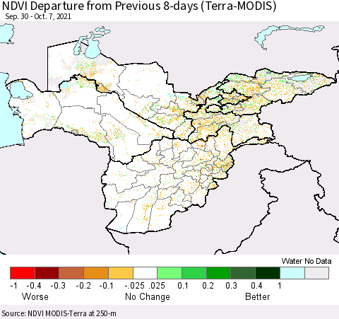 Central Asia NDVI Departure from Previous 8-days (Terra-MODIS) Thematic Map For 9/30/2021 - 10/7/2021