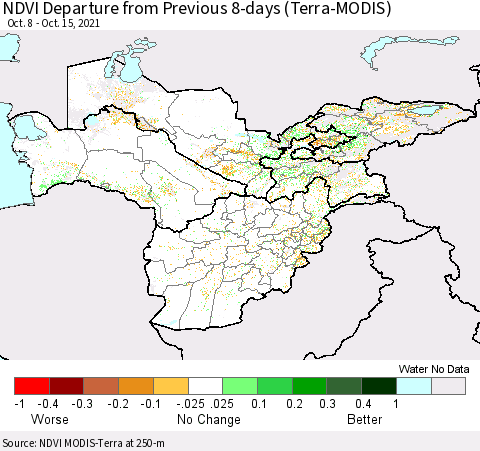 Central Asia NDVI Departure from Previous 8-days (Terra-MODIS) Thematic Map For 10/8/2021 - 10/15/2021