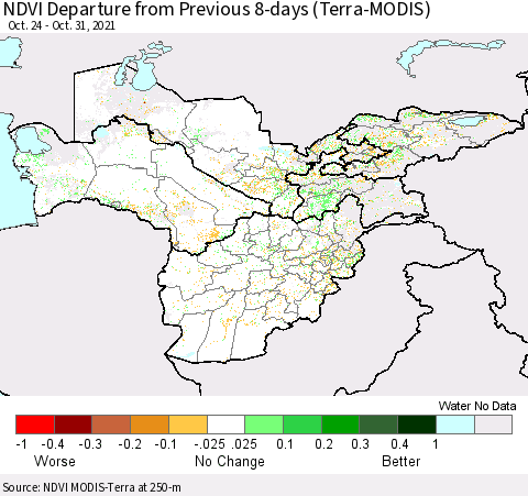 Central Asia NDVI Departure from Previous 8-days (Terra-MODIS) Thematic Map For 10/24/2021 - 10/31/2021