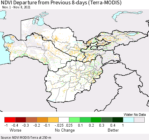 Central Asia NDVI Departure from Previous 8-days (Terra-MODIS) Thematic Map For 11/1/2021 - 11/8/2021